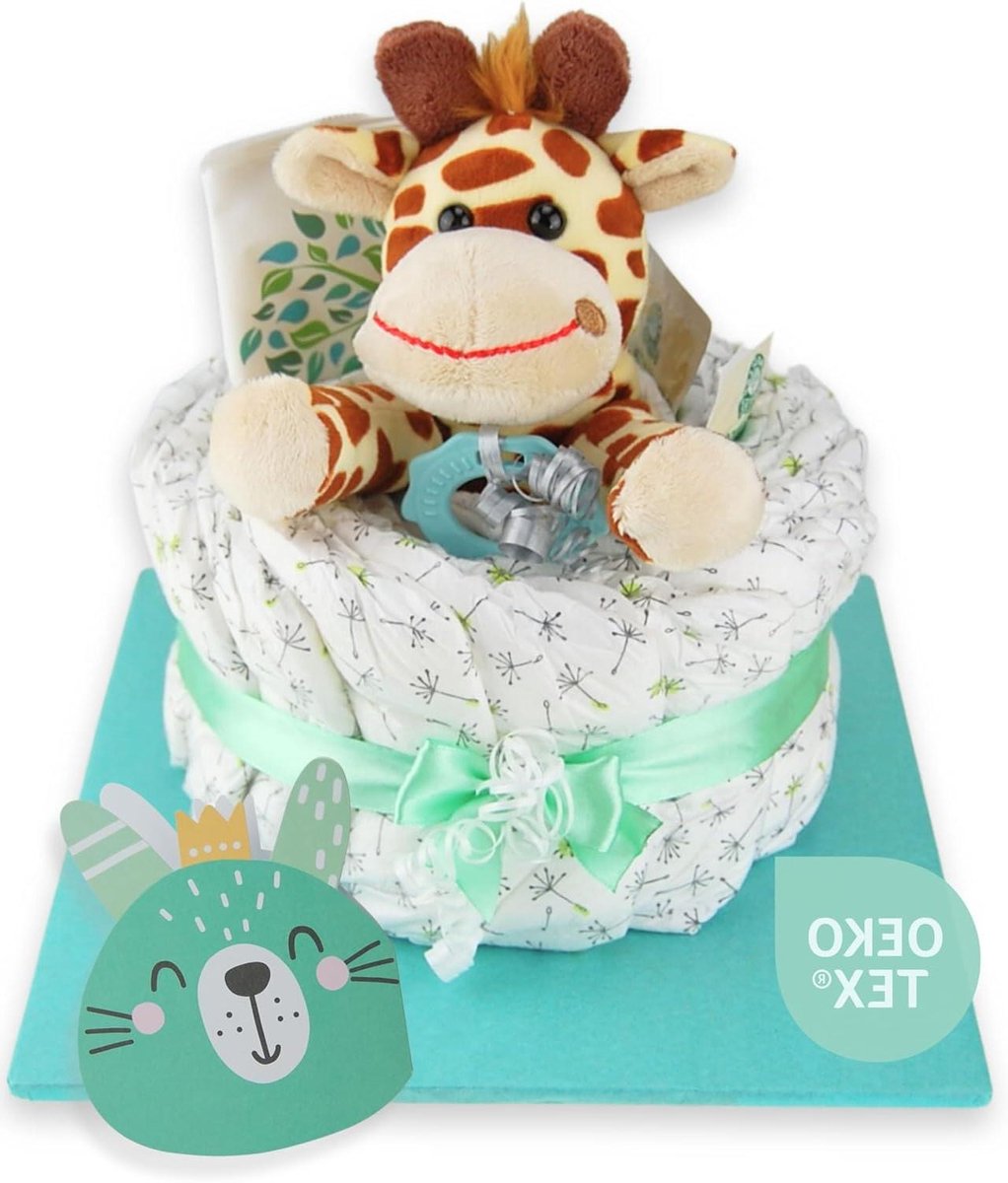 Luiertaart Giraf - Kraamcadeau Baby - Geboorte Vieren - Handgemaakt Uniek - 24 x 24 x 20 cm - Mintgroen