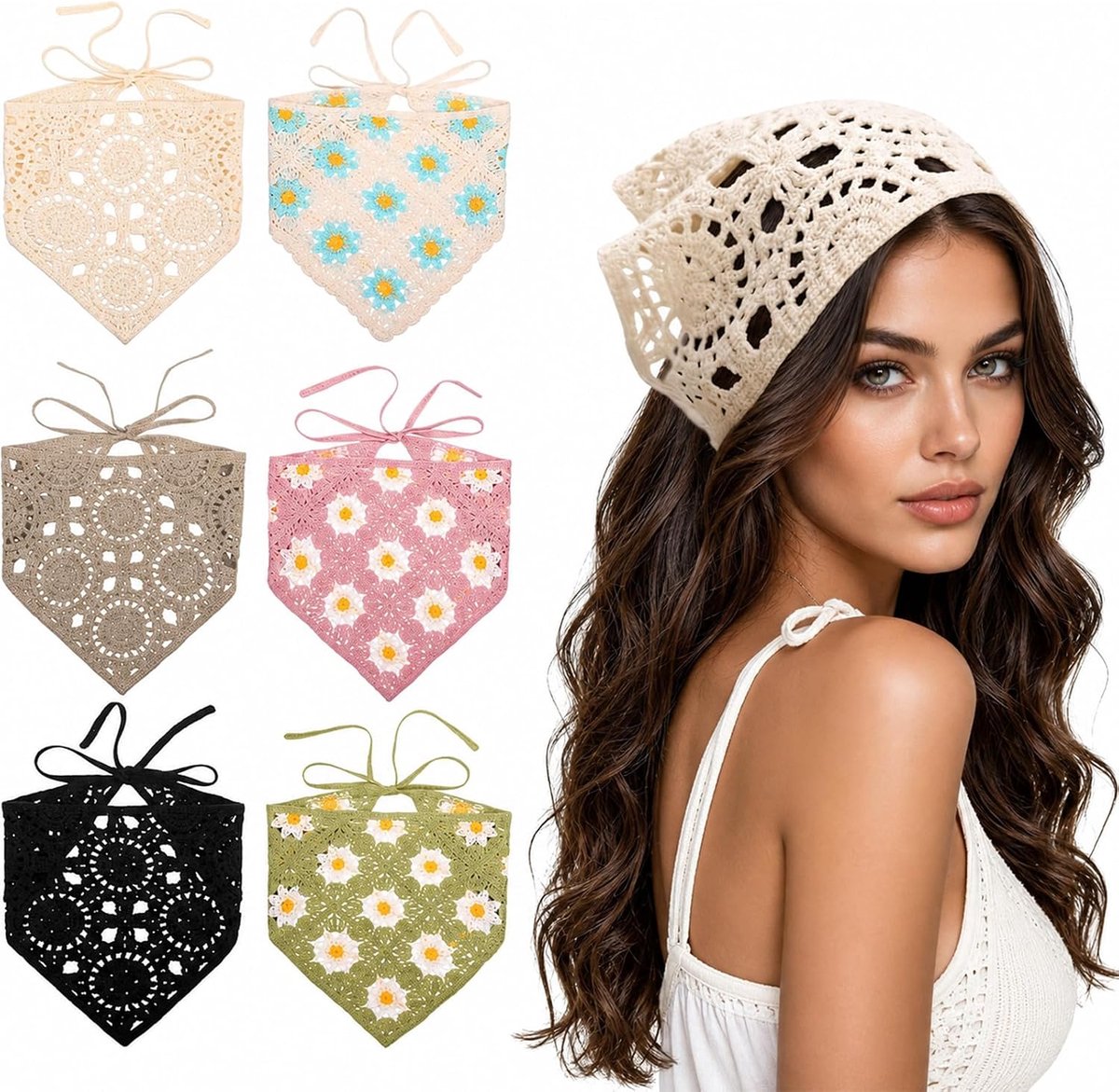Hoofddoek voor dames, 6 stuks gehaakte katoenen bandana's, driehoekige haarband met bloemen- en madeliefjespatroon, lichtgewicht en ademend voor wandelen en festival