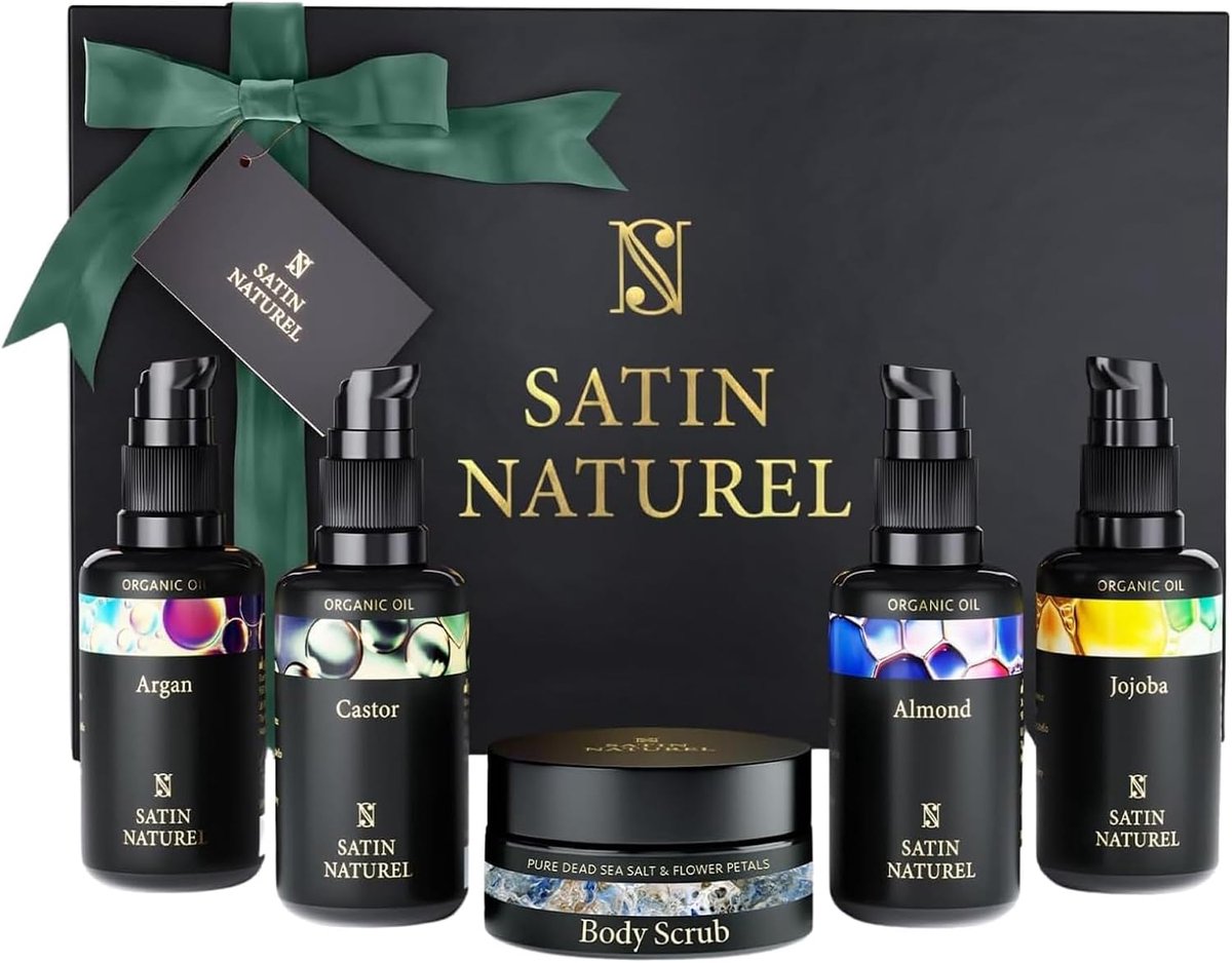 Natuurlijke Lichaamsolie Set – 5 Delig – Arganolie & Jojobaolie – Vegan Huidverzorging – Body Scrub – Cadeauset voor Vrouwen
