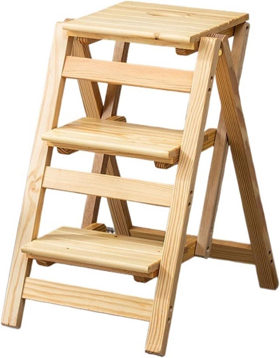 Houten Opvouwbare Trapkruk - Opstapje Ladderkruk - Keukenwerkzaamheden - Stabiele Trapeziumvormige Structuur - 3 Treden - Natuurlijk Hout