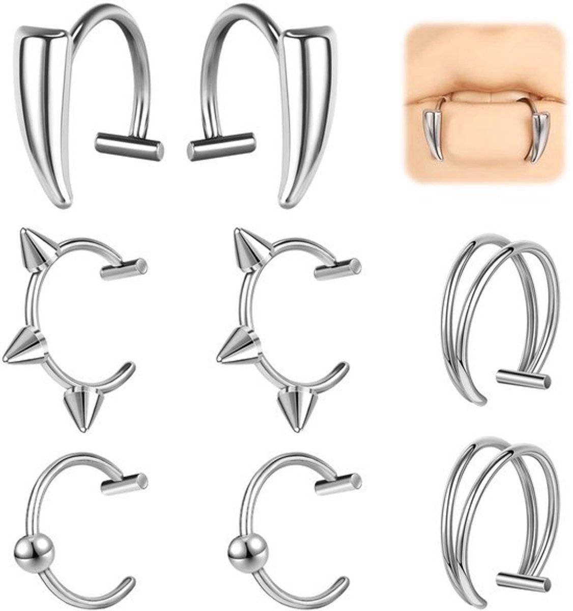 Neppiercingset 8-delig - Roestvrij Stalen Neuspiercingsring - Fake Lippiercing - Nep Neusring - Septum - Hypoallergeen, Pijnvrij - Neppiercings