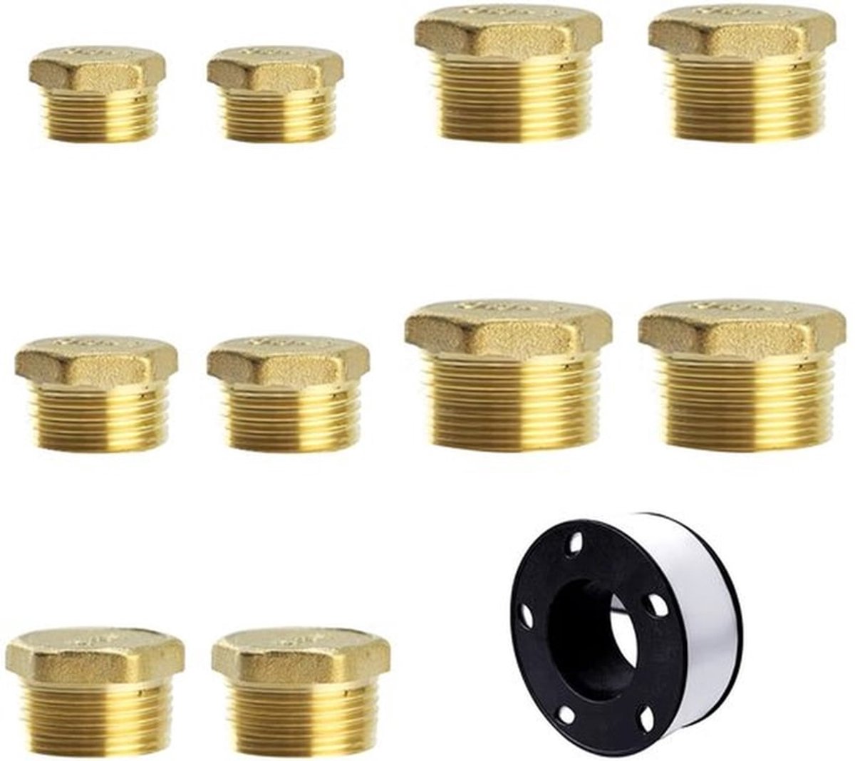 Buisstoppen 10 Stuks - Messing Doppen - Buitendraad - Zeshoekige Buisdoppen - Grondstoftape - Geel