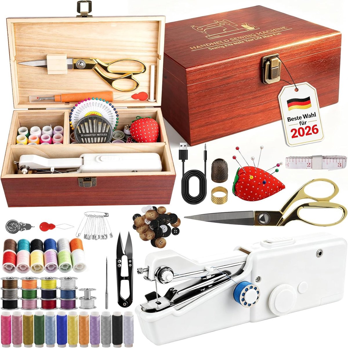 Kindernaaimachine - Wit - Mini en Draagbaar - Handnaaimachine met 125-delige Accessoireset - Voor Beginners en Volwassenen