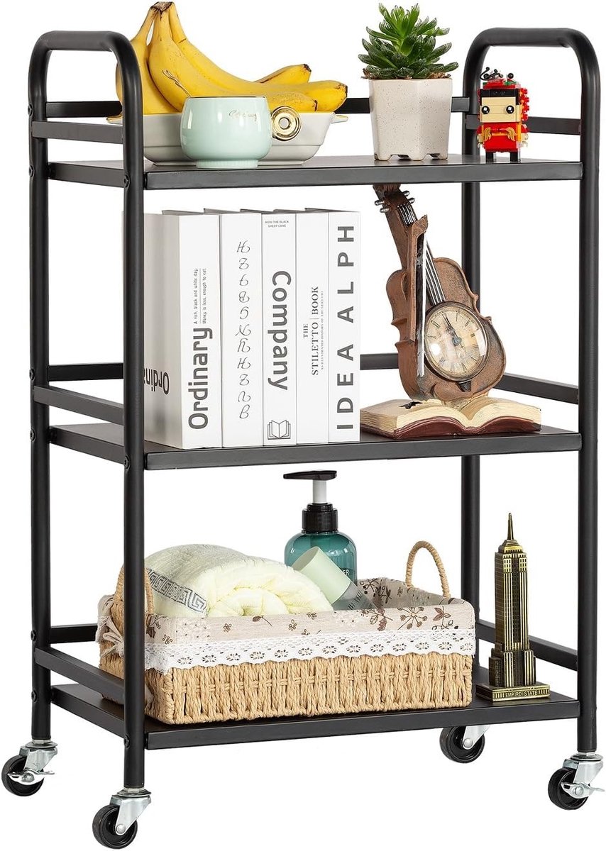 Multifunctionele 3-laags Rollende Kar met Stevige Metaalconstructie, 40 lbs per Laag, Ideaal voor Thuis, Kantoor, Keuken en Badkamer met 2 Vergrendelbare Wielen, Zwart