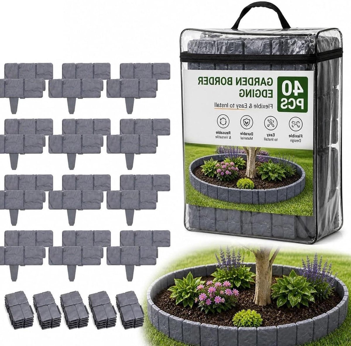 Imitatie stenen tuinhek - Tuinafscheiding plastic - Bloembedden afbakenen - Vergrendelingssysteem - 40 stuks - Grijs