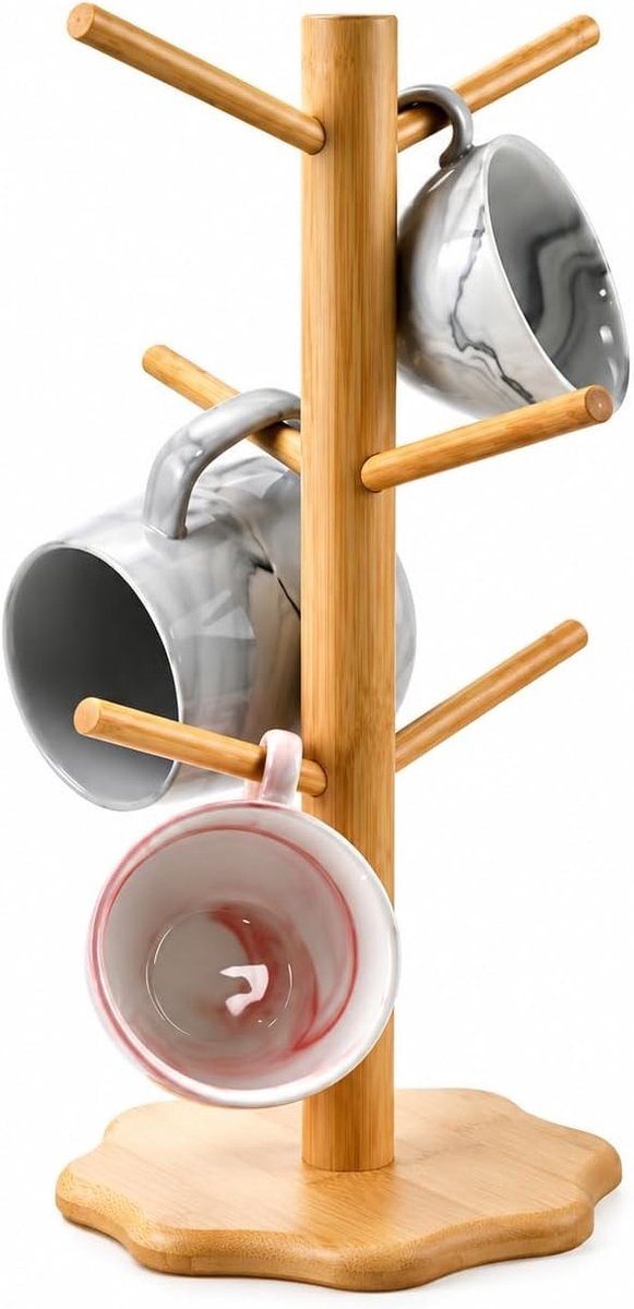 Koffiebekerhouder - Hout - 35 x 16 x 16 cm - Bamboe Koffiekopboom met 6 Haken - Voor Thuisgebruik