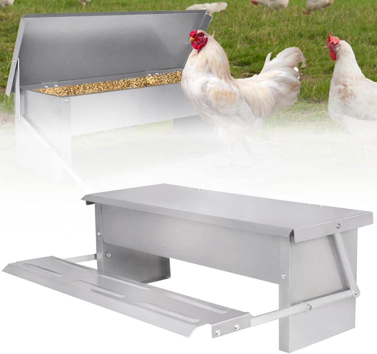 Automatische Kippenvoederbak - Voerautomaat Kip - Kippen Voeren - Anti-ongedierte Ontwerp - 5 kg - Zilver
