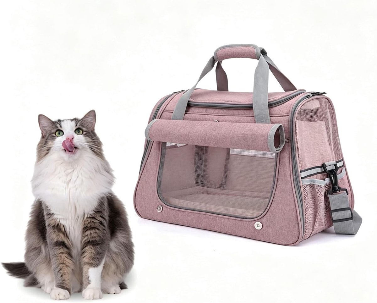 Vouwbare Transportbox voor Katten en Kleine Honden, Ideaal voor Reizen en Autoritten, Draagbare Huisdierentas tot 9 kg, 45 x 25 x 34 cm (Roze)