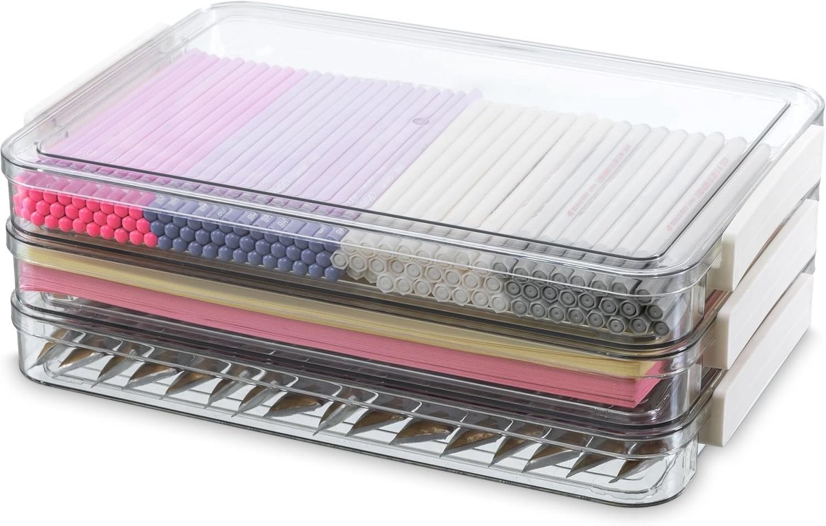 Set van 3 Stapelbare Acryl Opbergdozen met Deksel voor Kantoorbenodigdheden en Documenten - Transparante Plastic Box voor Organisatie van DIN A4 Papier en Creatieve Projecten