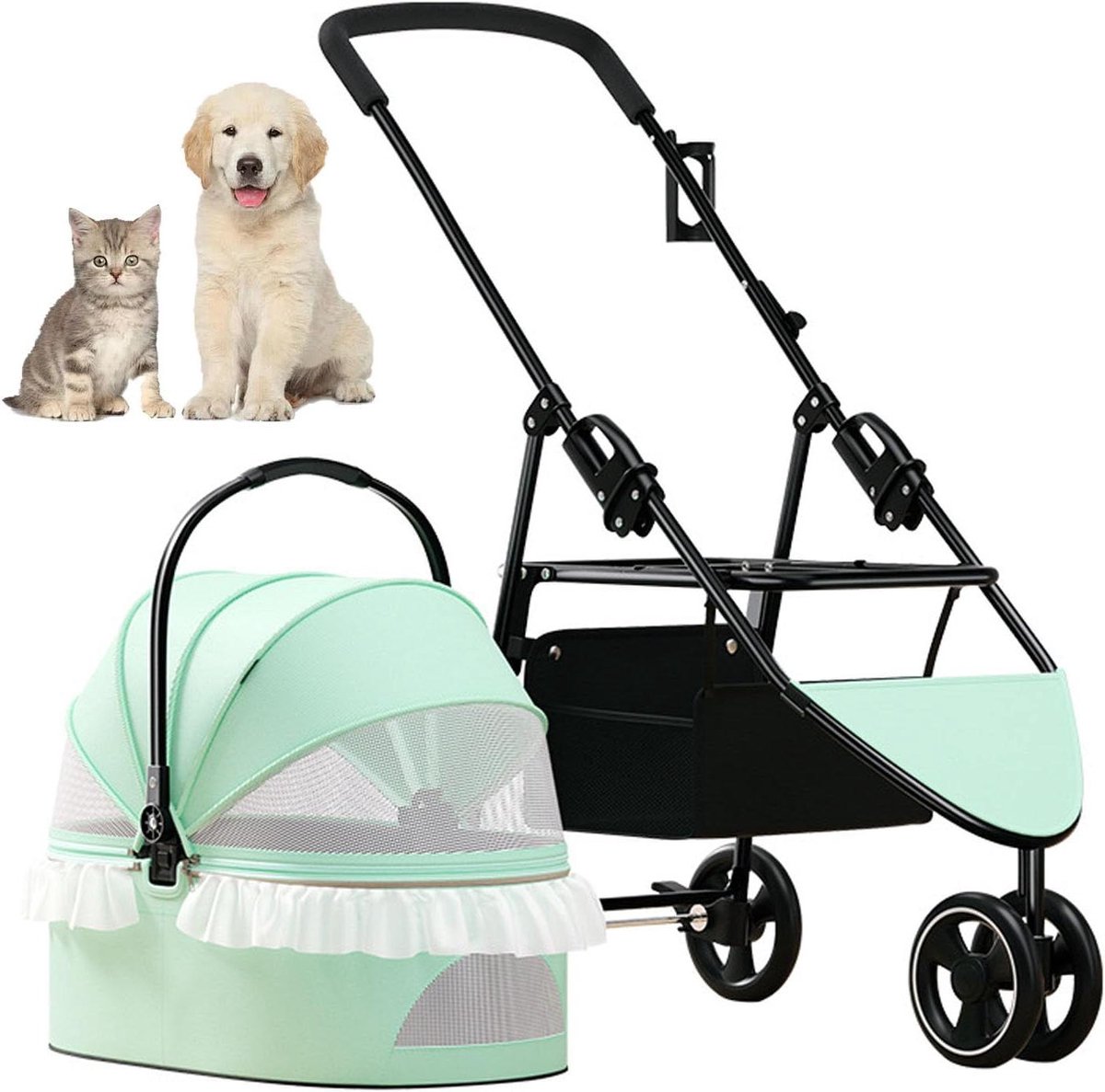 Huisdier kinderwagen - Hondenbuggy reis - Comfortabel vervoer - Opvouwbaar lichtgewicht - 79x43x91 cm - Groen
