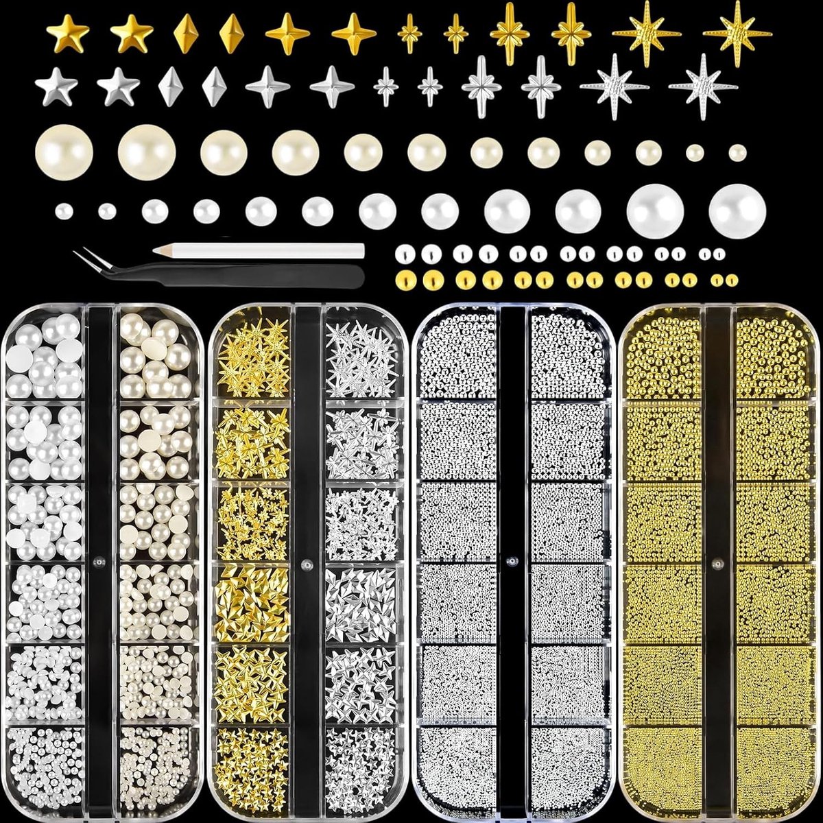 Gouden en Zilveren Kaviaar Nagelkunst Parels, Platte Parels (Wit + Beige), Veelzijdige Nagelkunst Edelstenen Set met Diverse Vormen en Pincet voor Creatieve Nagelontwerpen