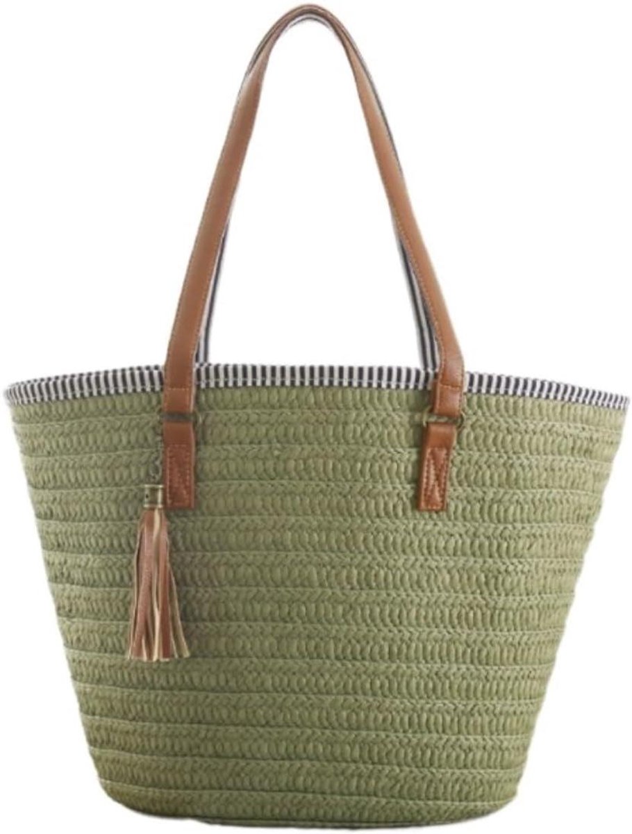 Rieten Draagtas - Stro Tas Hobo - Zomer Strandtas - Handgeweven Kwastjes - 36 x 35 x 20 cm - Groen