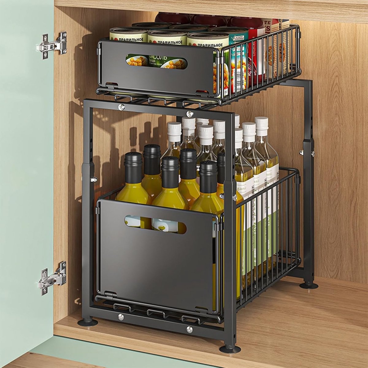 Gootsteenkast organizer - Metaal - 29 x 37,5 x 41-49 cm - Dubbellaags Uittrekbaar Rek - Verstelbaar voor Keukenkasten