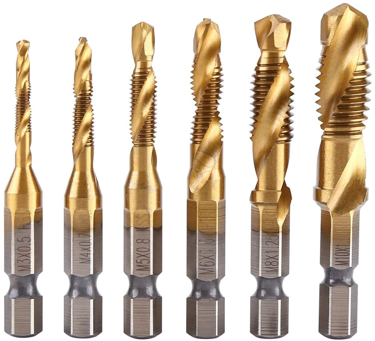 SnelShoppen - 6-delige HSS Spiral Boor Set met Titanium Coating voor Machineboren - Metrische Draadformaten M3 M4 M5 M6 M8 M10 - Snelle Wissel Hex Sha