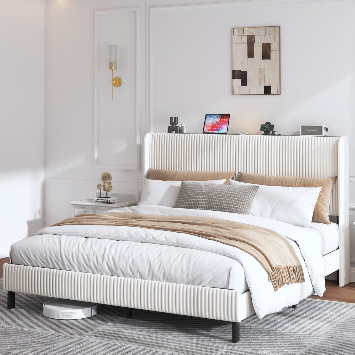 COVREO Gestoffeerd bedframe met kanaalhoofdbord – 180x200 cm – Bedframe van corduroy met metalen lattenbodem – voor slaapkamer met stabiele ondersteuning – Beige/Cream - zonder matras