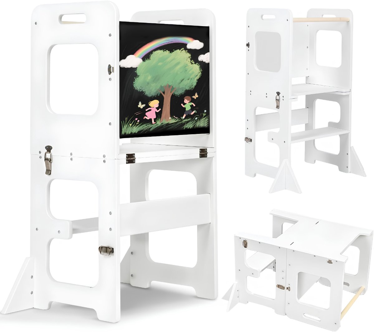 Lìon® Leertoren Inklapbaar - Multifunctionele 3-in-1 - Leertoren voor Kinderen - Wit - 63cm x 41cm x 80cm