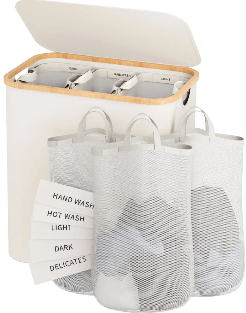 Atlasyx wasmand - Wasmand 3 vakken - Waszak - Opvouwbare wasmand - Laundry basket - Wasbare binnenzak - Bamboe - 160 L - Beige