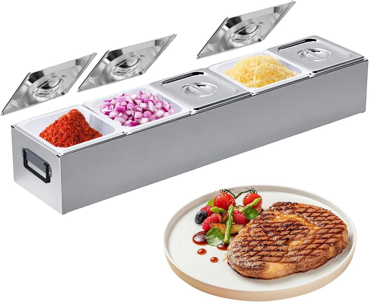 Grote roestvrijstalen container met 5 vakken voor pizza-ingrediënten, ideaal voor catering, keuken en buffet, perfect voor saladebar en voedselopslag