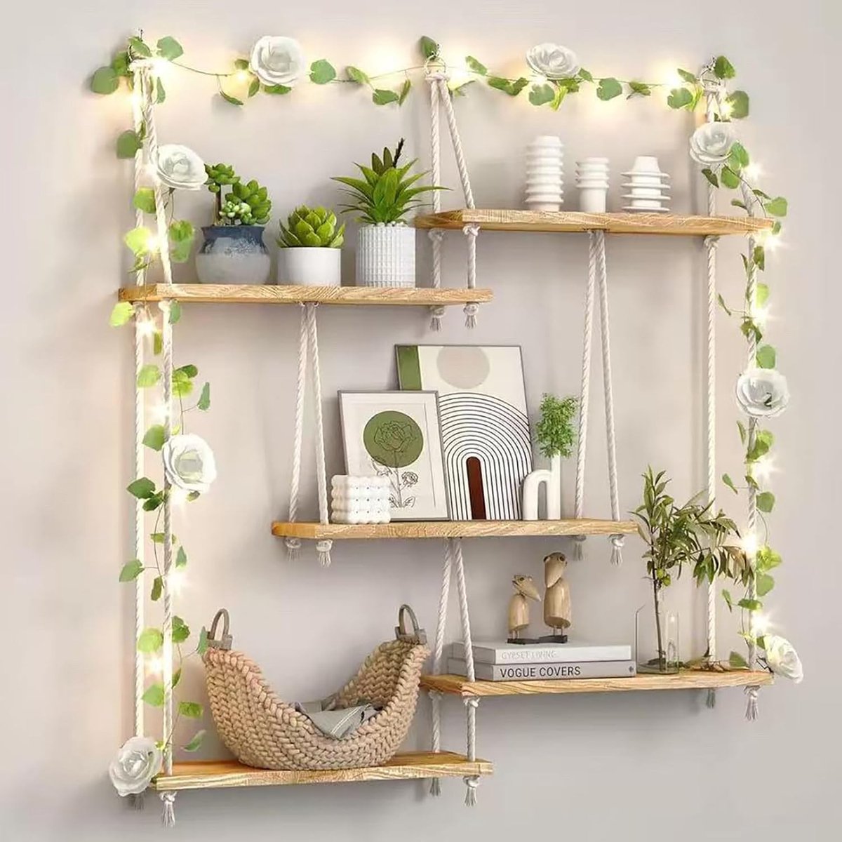 Vloeiende Wandplank met 5 Niveaus en Luminous Decoratie, Boho Stijl voor Planten, Boeken en Bloemen in Woonkamer, Slaapkamer of Balkon