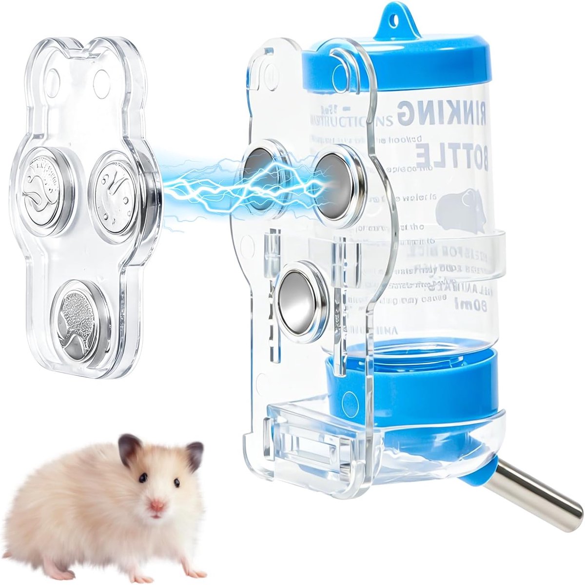 Hamster Drinkfles – Met Magnetische Houder – 80 ml – Verstelbaar & Lekvrij – Geschikt voor Terrarium, Acryl Kooi & Knaagdieren – Blauw