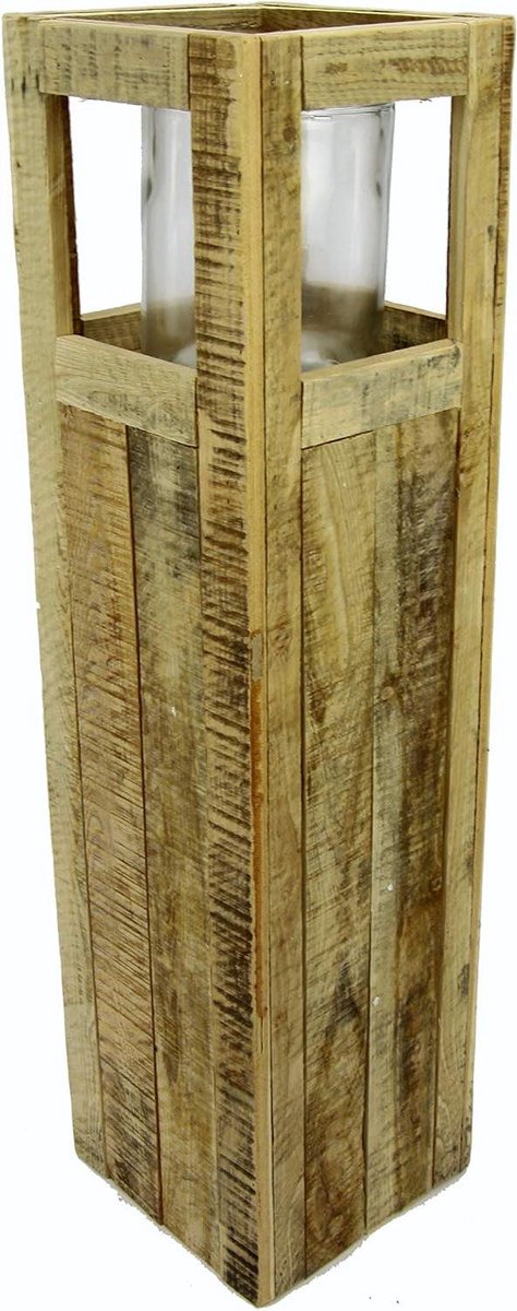 Houten Lantaarn - Lantaarn met glas - Decoratie Huis - Glazen inzetstuk - 21 x 21 x 80 cm