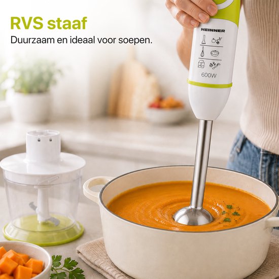 Heinner Staafmixer Set - 600W - 5 Snelheden - Turbo Functie - 700 ml Maatbeker - Hakmolen - Garde - RVS Staaf - Wit/Groen van Heinner — afbeelding 5