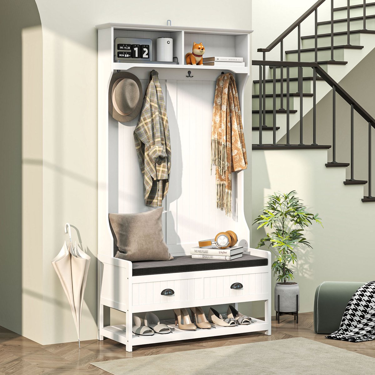 MIVRAY Kledingrek – 89 x 42 x 172 cm – Met Schoenenbank En Opbergvakken – MDF – Wit En Grijs – Voor Hal En Slaapkamer