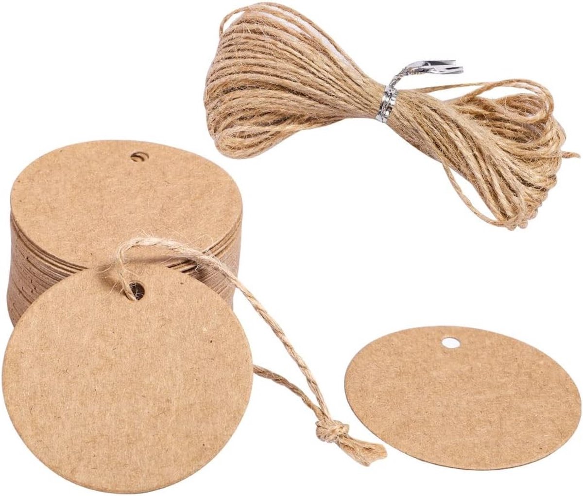 50 Stuks Cadeautags, Ronde Bruine Kraft Papieren Labels van 5cm met 10m Jute Touw voor Kerst, Bruiloften en Feestjes - Perfect voor Cadeauverpakkingen en Creatieve Projecten