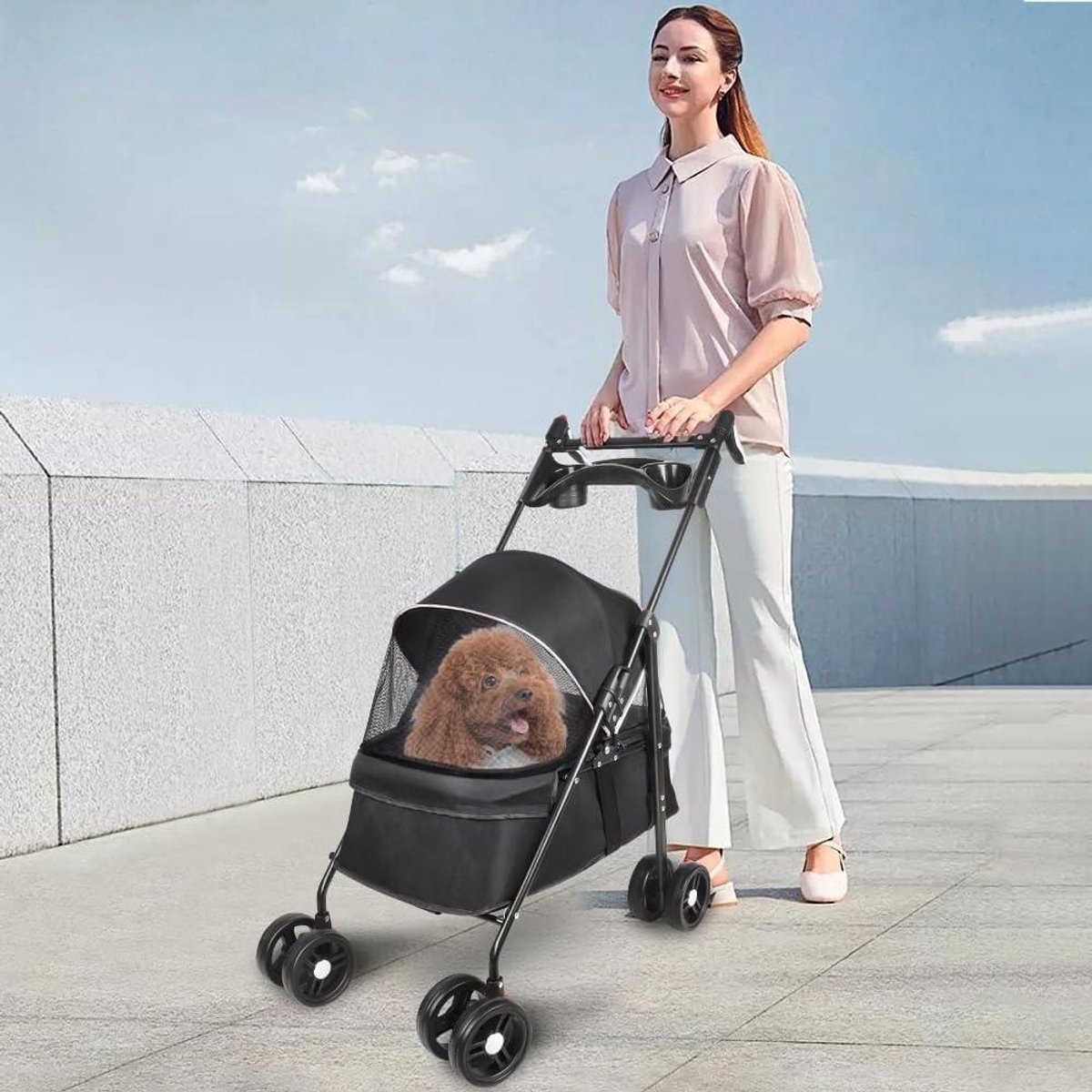 Huisdier Kinderwagen - Dieren Trolley - Reizen met Huisdieren - Opvouwbaar Ontwerp - 20 Kilogram Max - Zwart