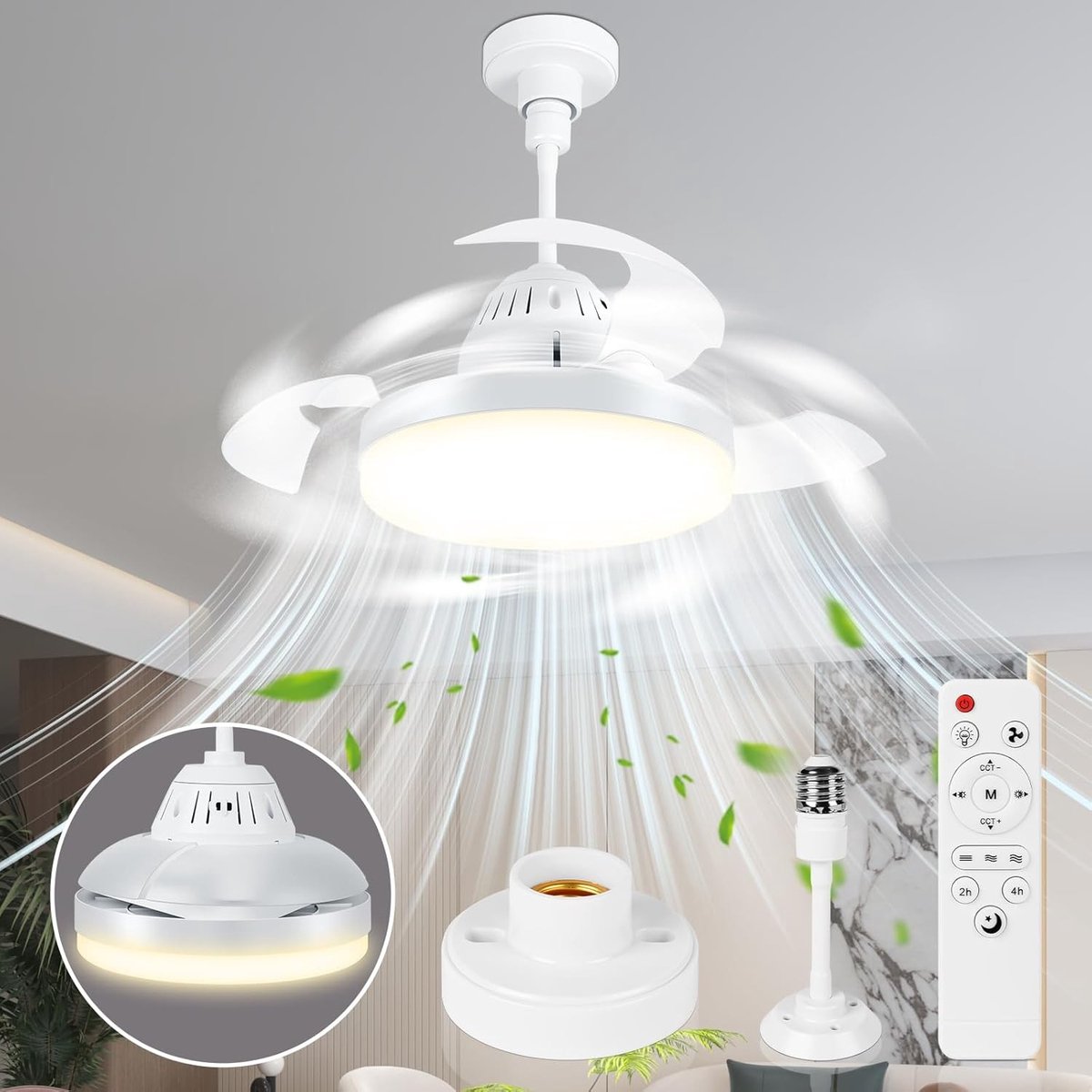 Plafondventilator met verlichting - Wit - 43 cm - Opvouwbare Ventilator met Dimbare LED en Afstandsbediening - Voor Kleine Ruimtes