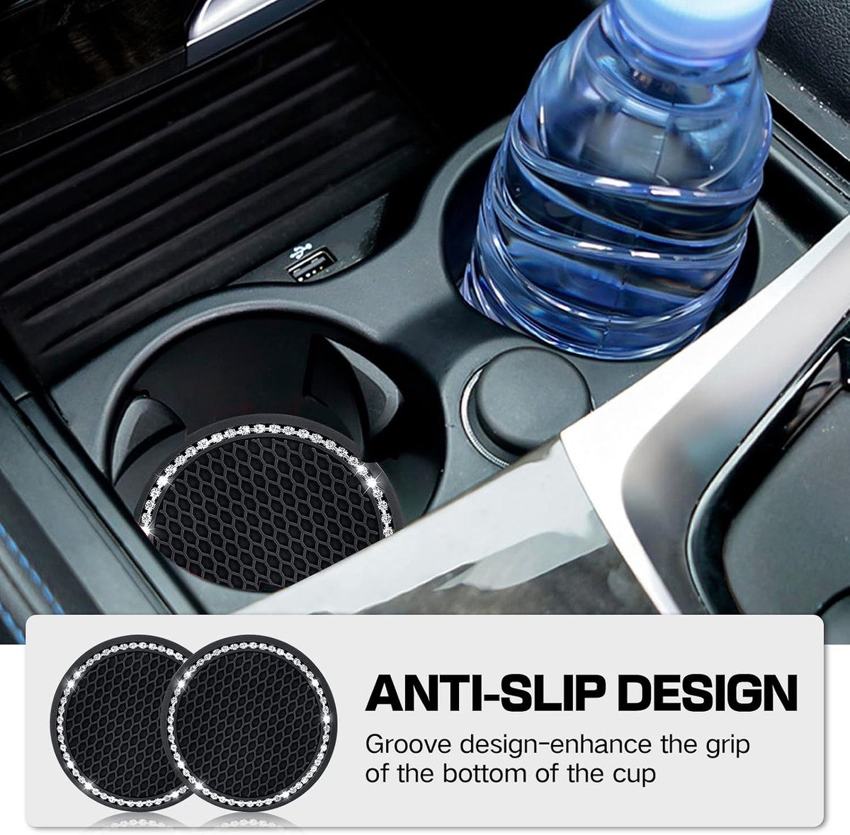 Auto assecoires - Zwart - 7 x 0,5 x 0,5 cm - PVC Antislip Bekeronderzetters met Strass - Universeel voor Auto