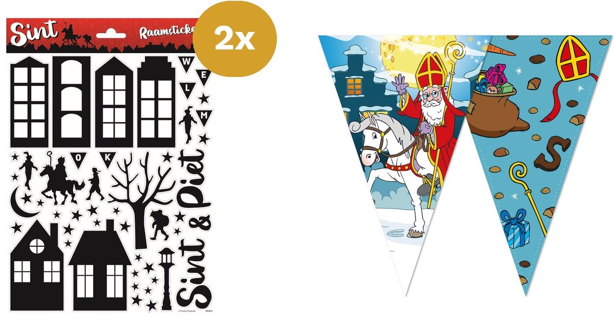 Sinterklaas Versiering Raampakket Klein - 2x Raamstickers A4 & Vlaggenlijn 10m - Brievenbusverpakking