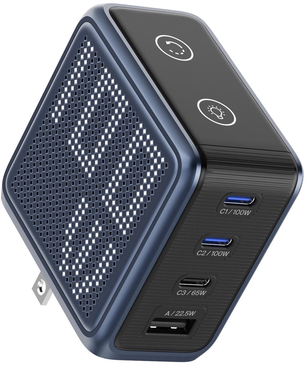 BMX GaNsta Pixel Laptop Travel Oplader – Snel Opladen 100W op alle USB-C Poorten – Ondersteunt Tegelijkertijd Opladen van Meerdere Apparaten – Inclusief Wereldwijde Adapters - Blauw