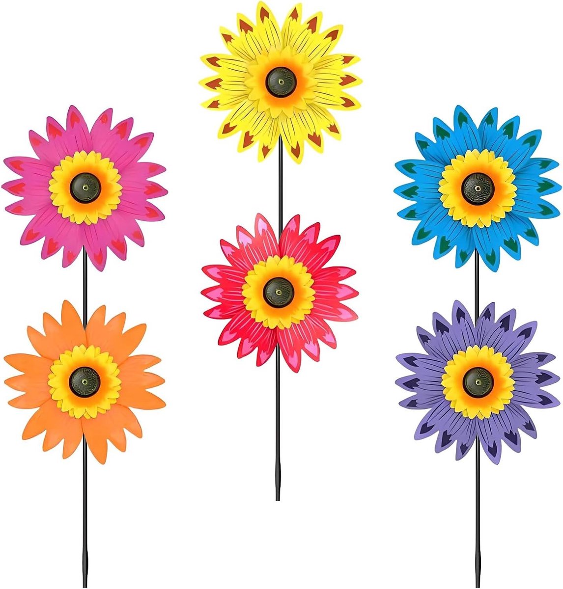 Bloemen Windmolentjes - Windmolen Decoratie - Tuin Verfraaien - Weerbestendige Afwerking - 6 stuks - Geel