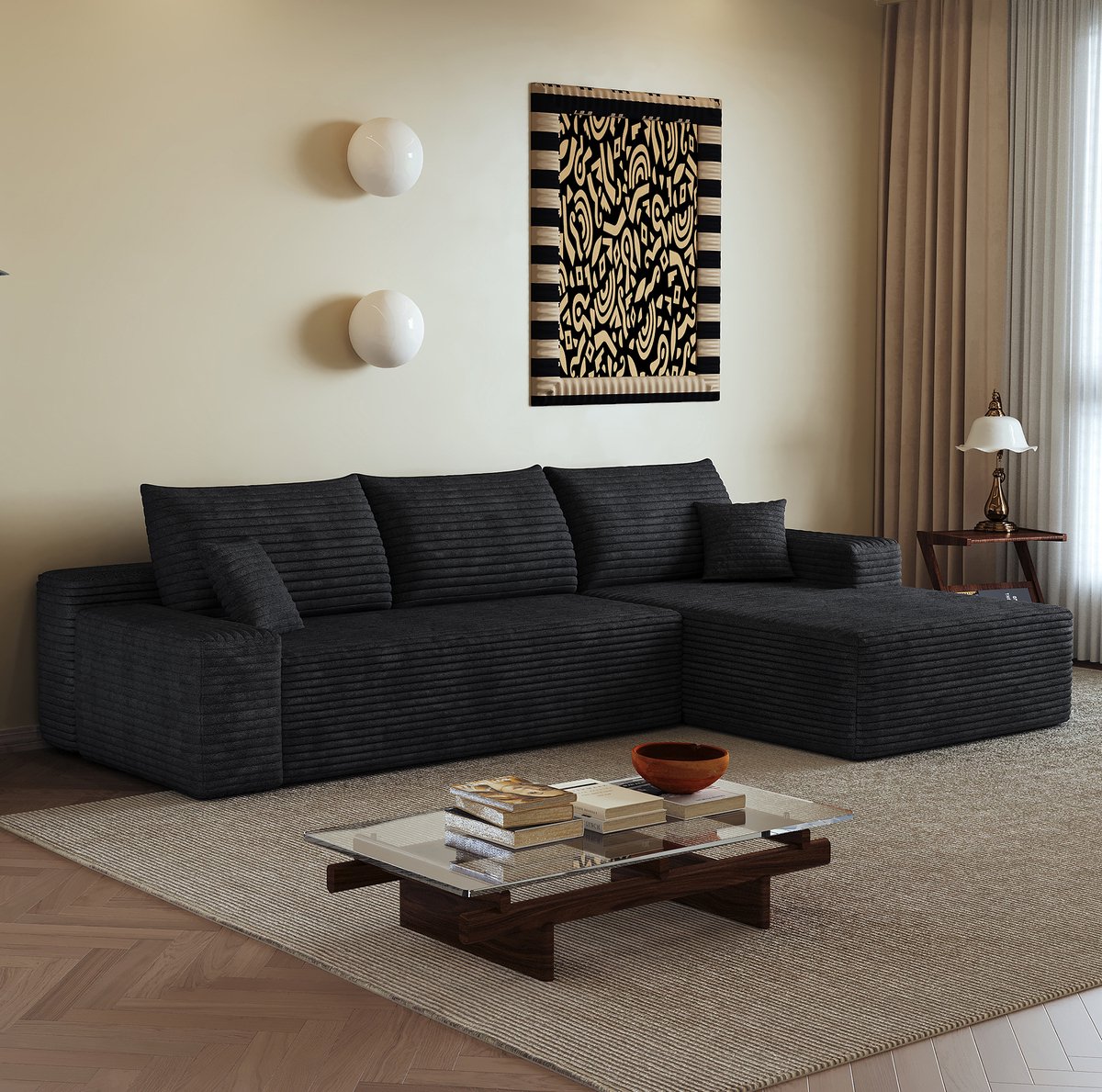 MODENUIT Hoekbank 270 cm - 3-zits met L-vormige Chaise Longue - Voor Woonkamer - Stof - Zwart