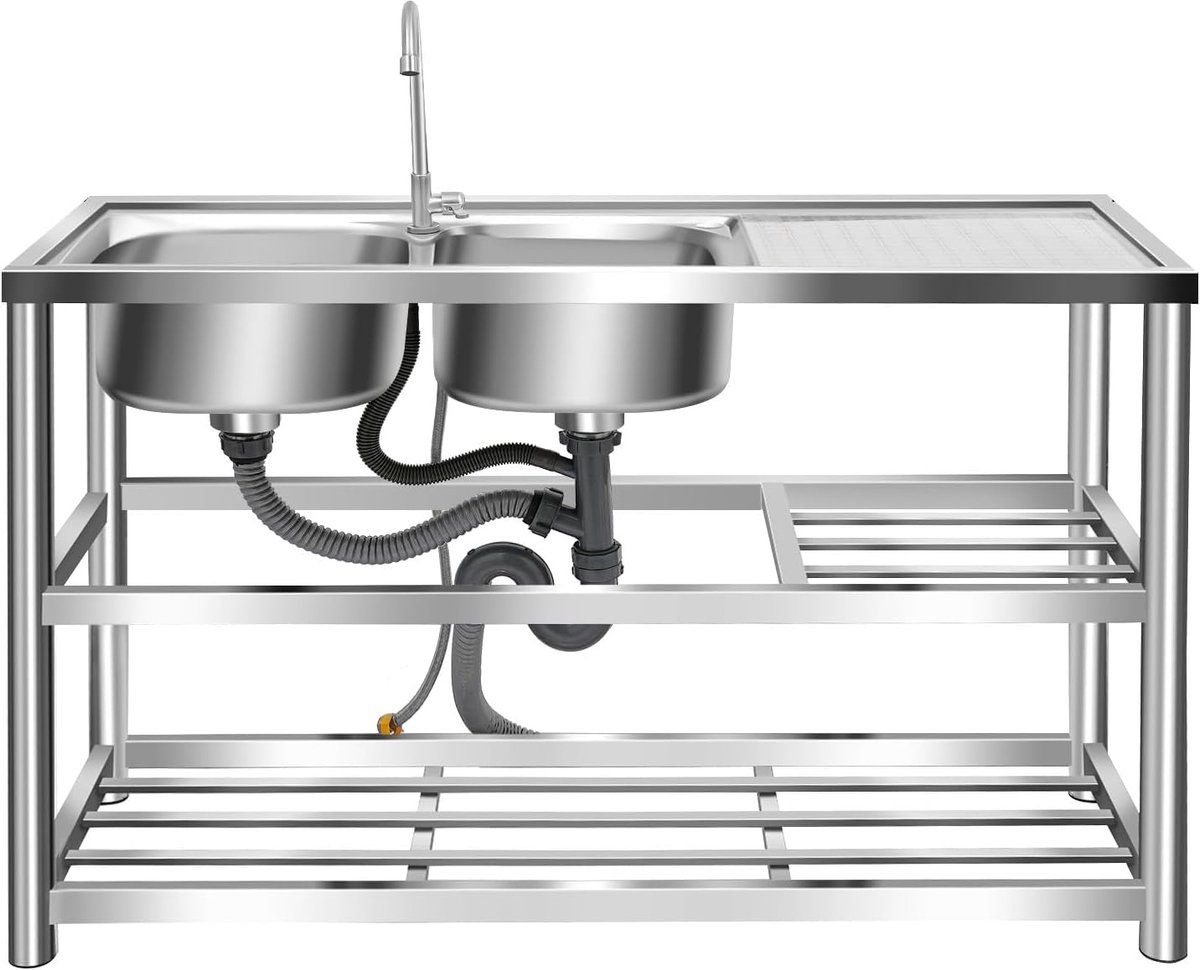 Vrijstaande roestvrijstalen spoelbak met onderkast - 3 niveaus - dubbele spoelbak - 120 x 45 x 80 cm - commerciële keukenspoelbak - vrijstaande wastafel met 360° draaibare warm- en koudwaterkraan