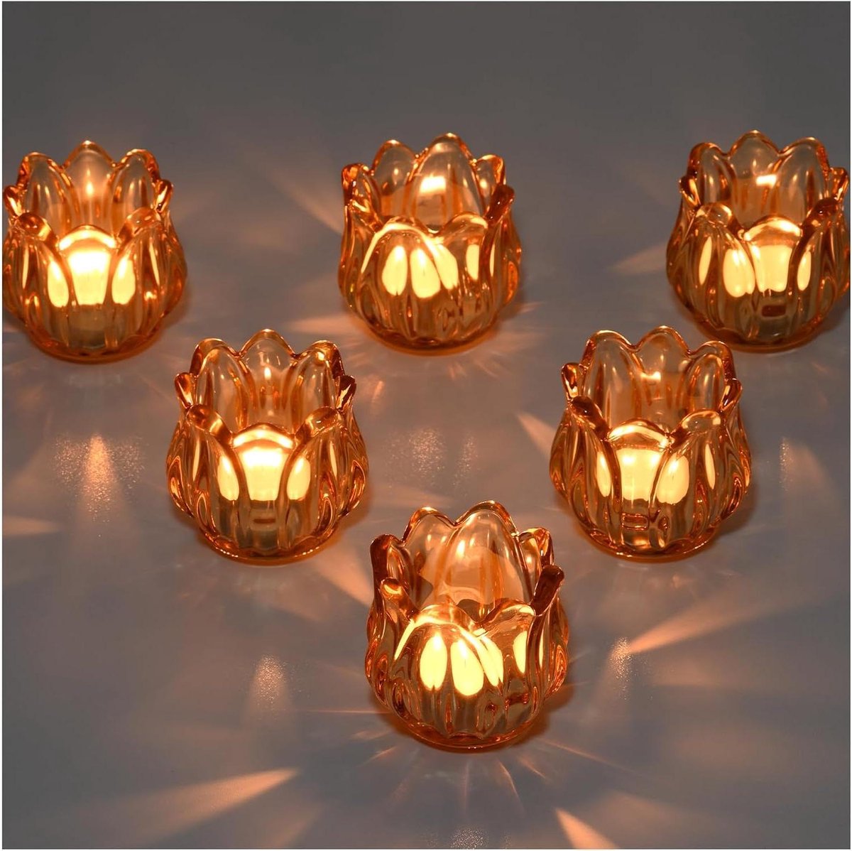 Glazen Waxinelichthouders - Theelichthouders - Sfeervolle Decoratie - Elegant Tulpontwerp - Set van 6 - Amber