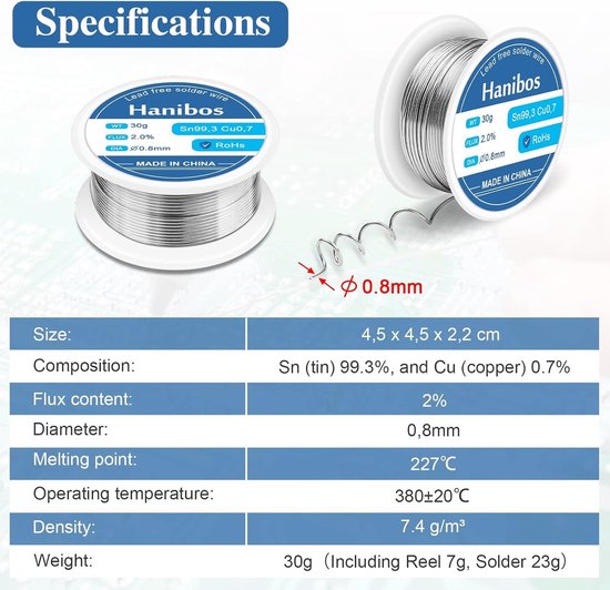Tin Lood 0.8 mm 30 g - Solderdraad met Flux Sn99.3 Cu0.7 voor Elektrisch Loodjes en DIY Projecten — afbeelding 5