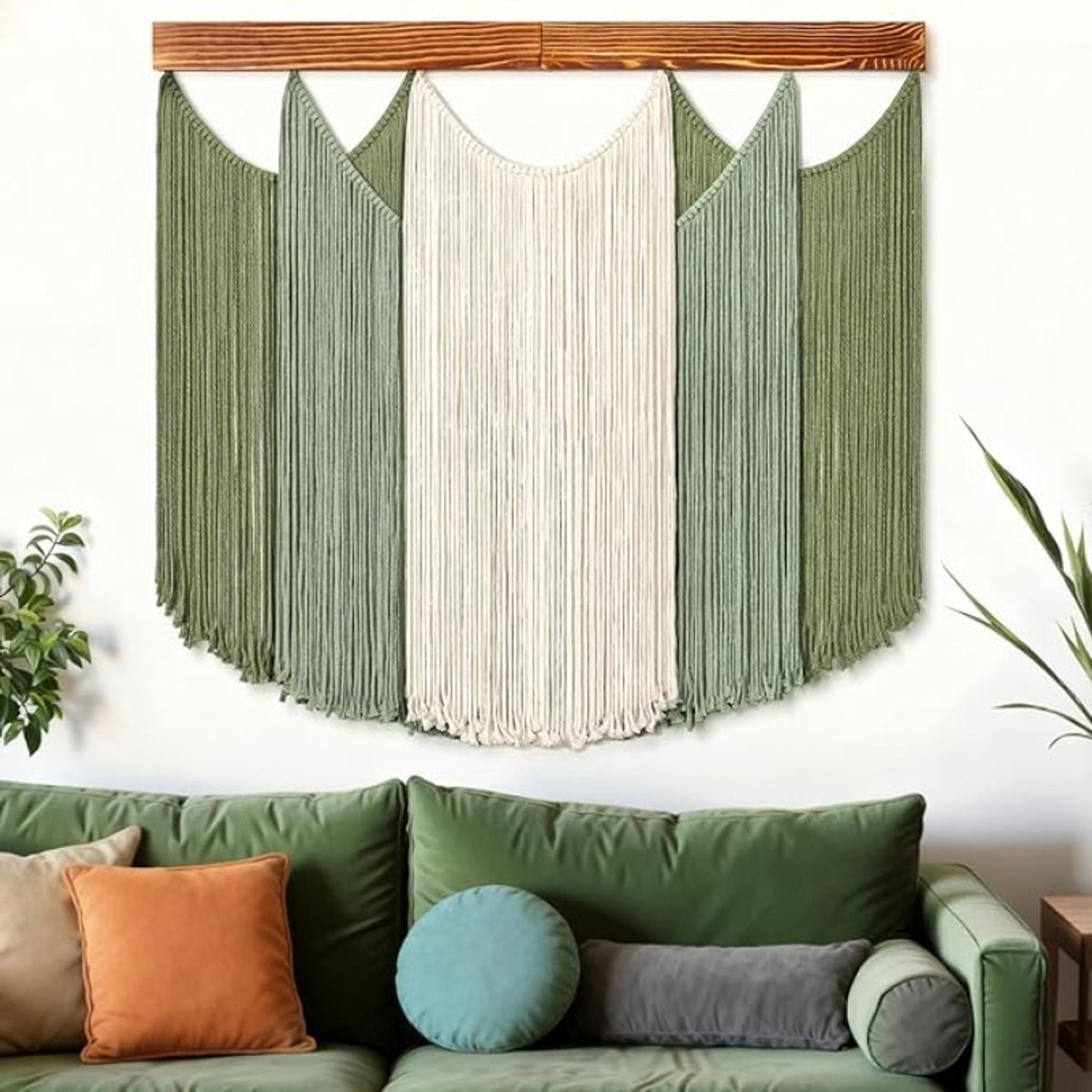 Makramee Wandbehang Groen Katoen 78x80 cm | Boho Wandtapijt met Kwastjes | Handgeweven Wanddecoratie voor Woonkamer, Slaapkamer en Bruiloft