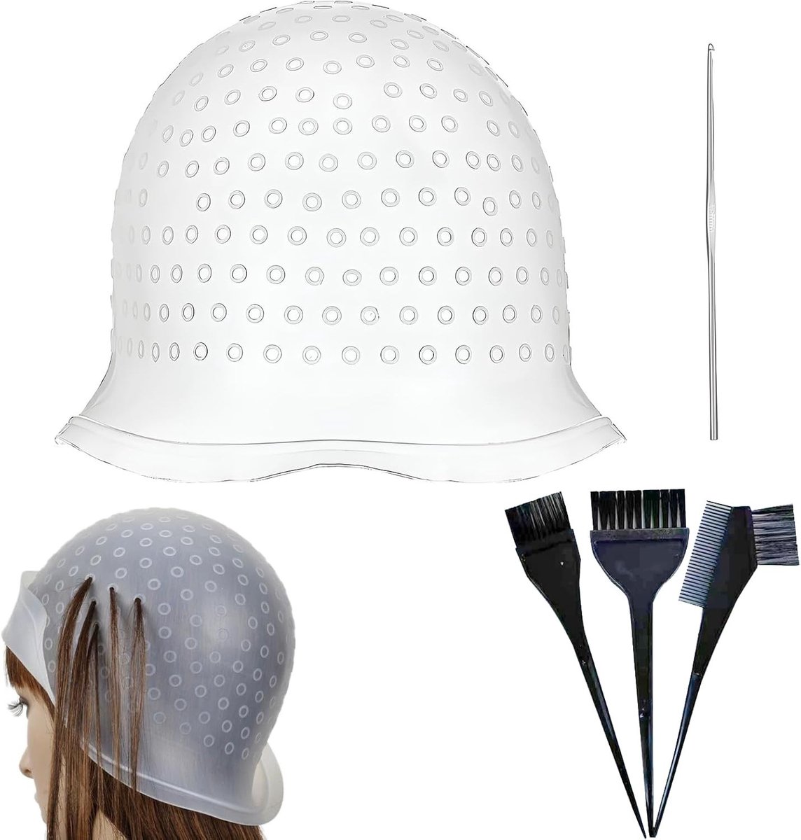 Set van 5 Haarverf Caps met 3 Borstels voor DIY Haarstrengen - Silicone Hoofdhuid Bescherming voor Kappers en Thuisgebruik