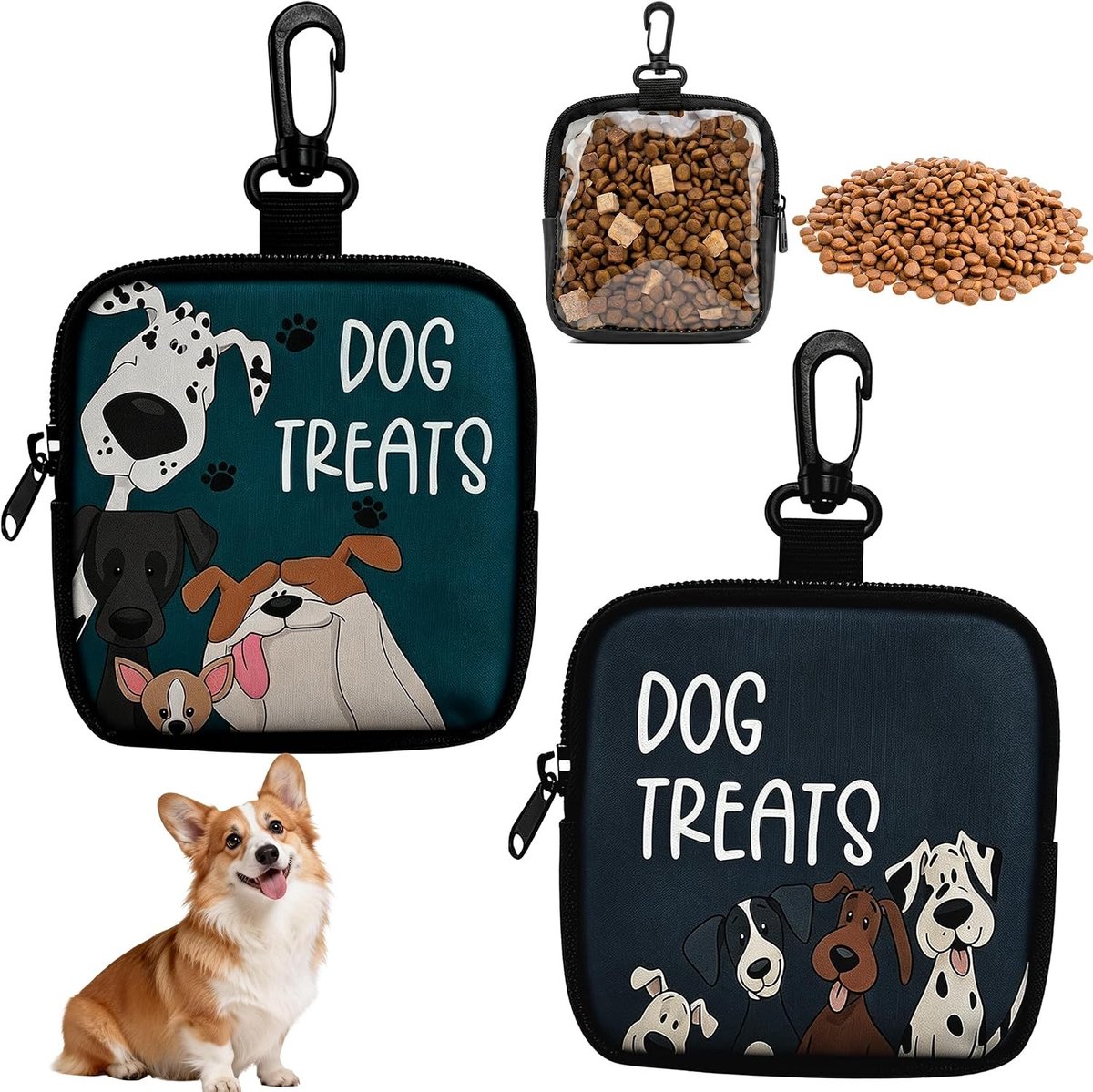 Snoepzakjes voor honden, handige voederzak met karabijnhaak, ideaal voor onderweg, 2 stuks
