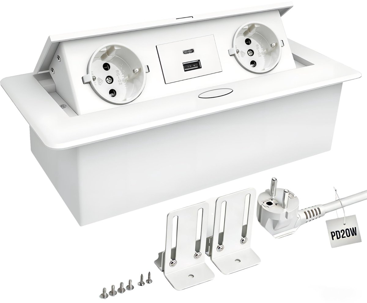 Inschuifbaar stopcontact - tafelstopcontact wit - met USB-C PD20W - ideaal voor ruimtebesparing - ShopVlot