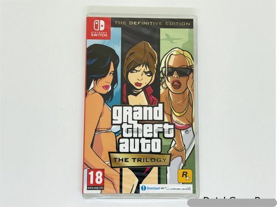 Grand Theft Auto The Trilogy: The Definitive Edition voor Nintendo Switch. Gamecover met drie vrouwen en het '18' PEGI-logo.