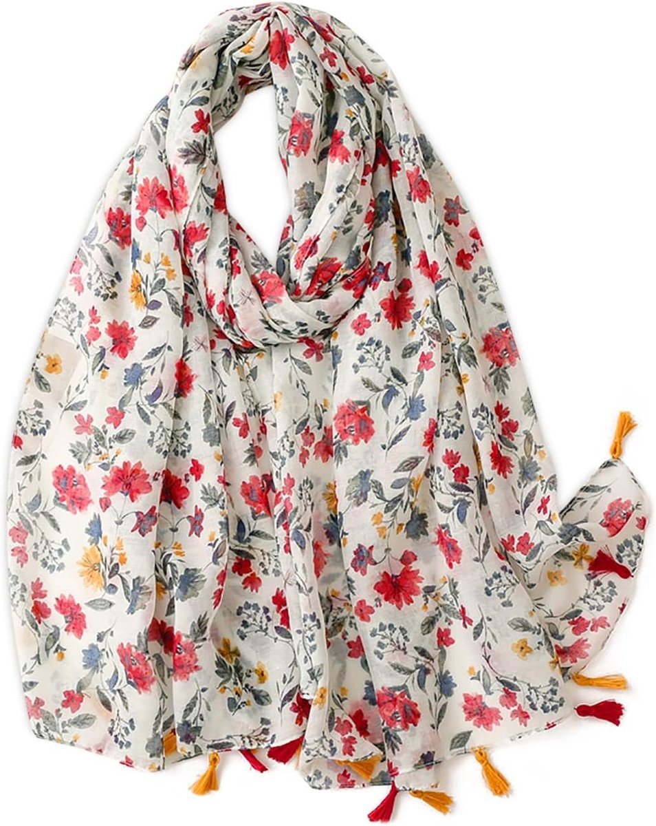 Sierlijke Voile Sjaal voor Dames met Bloemenprint en Geometrische Patronen, Lichtgewicht en Zacht, Perfect voor Elke Gelegenheid, Rood Geel