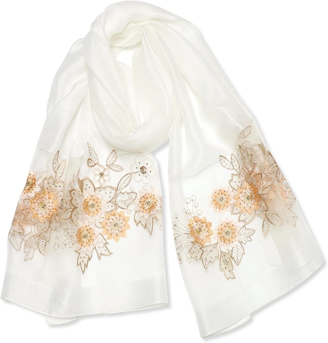 Delicate Chiffon Sjaal met Ginkgo Borduursel - Lichtgewicht, Zacht en Transparant, Ideaal voor Zomer en Bruiloften - Wit