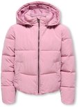 Roze kinderpufferjack met capuchon, van voren zichtbaar.
