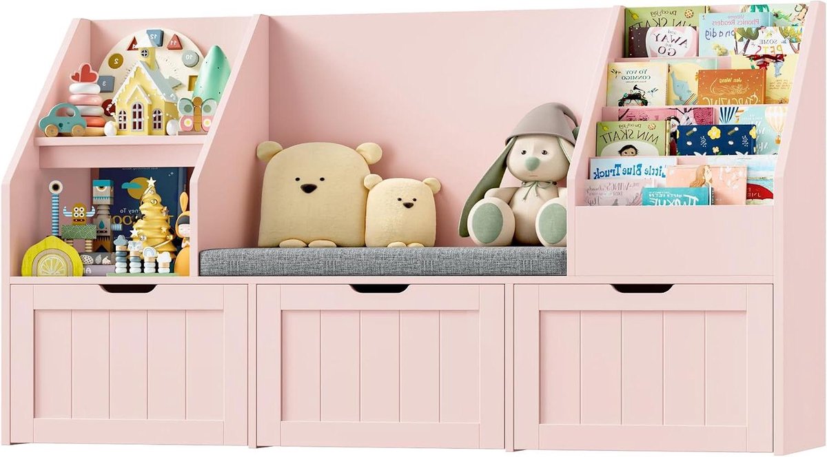 Opbergmeubel Kinderen - Boekenkast Lade - Opgeruimd Spelen - 4-in-1 Ontwerp - 140 cm Breed - Roze