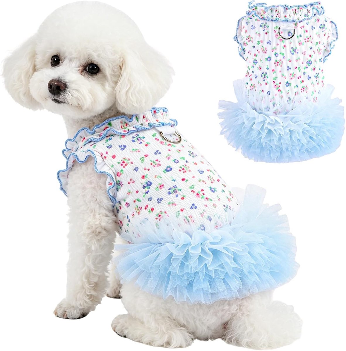 Zomerjurk van Tulle voor Kleine Honden en Katten met D-ring en Rimpel Tutu Rok (Blauw, M) - Perfect voor Feestjes en Speciale Gelegenheden