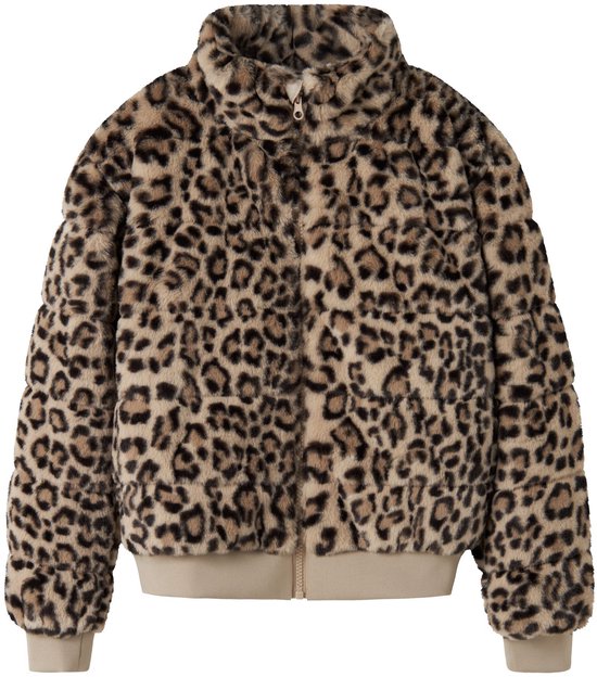 Bruin met zwart luipaardprint bomberjack van imitatiebont, met rits en beige boorden.