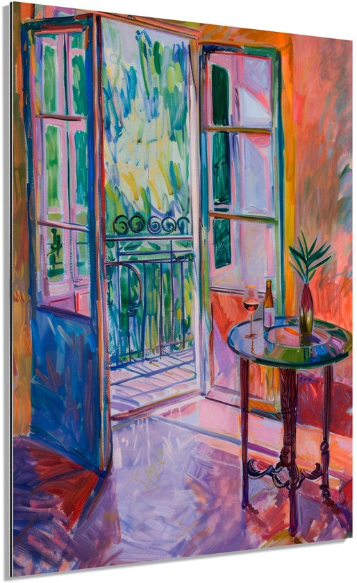 Schilderij van een open deur naar een balkon met een tafel met een fles wijn en een glas, in levendige kleuren.